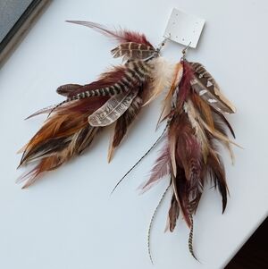 Boho Long Brown Taupe Feather Earrings Festival Hippie